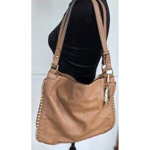 Jessica Simpson Cognac Studded Hobo Shoulder Bag Boho Y2K Feather Charm Purse